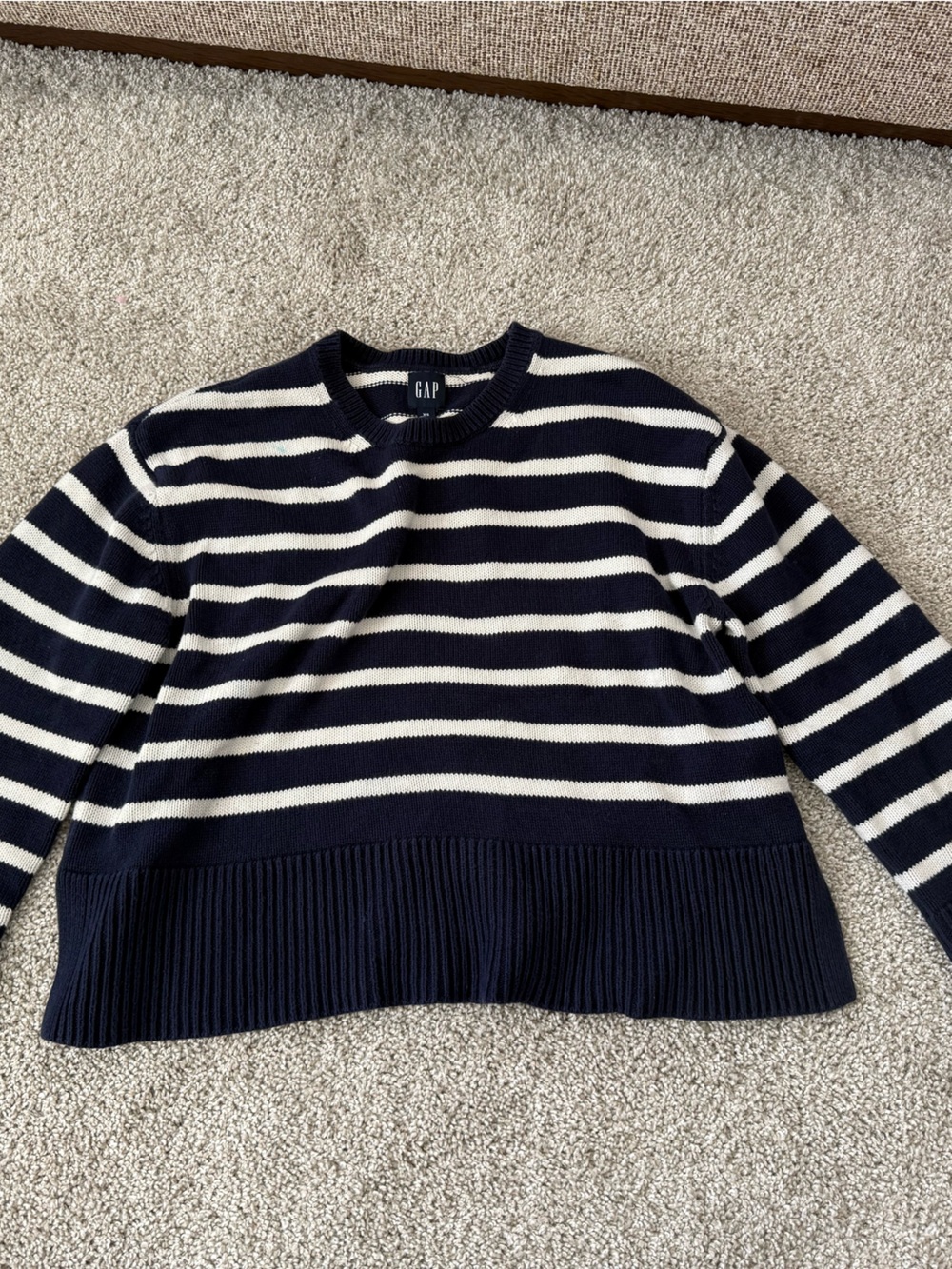 GAP Navy and White Striped Off-the-Shoulder Sweater